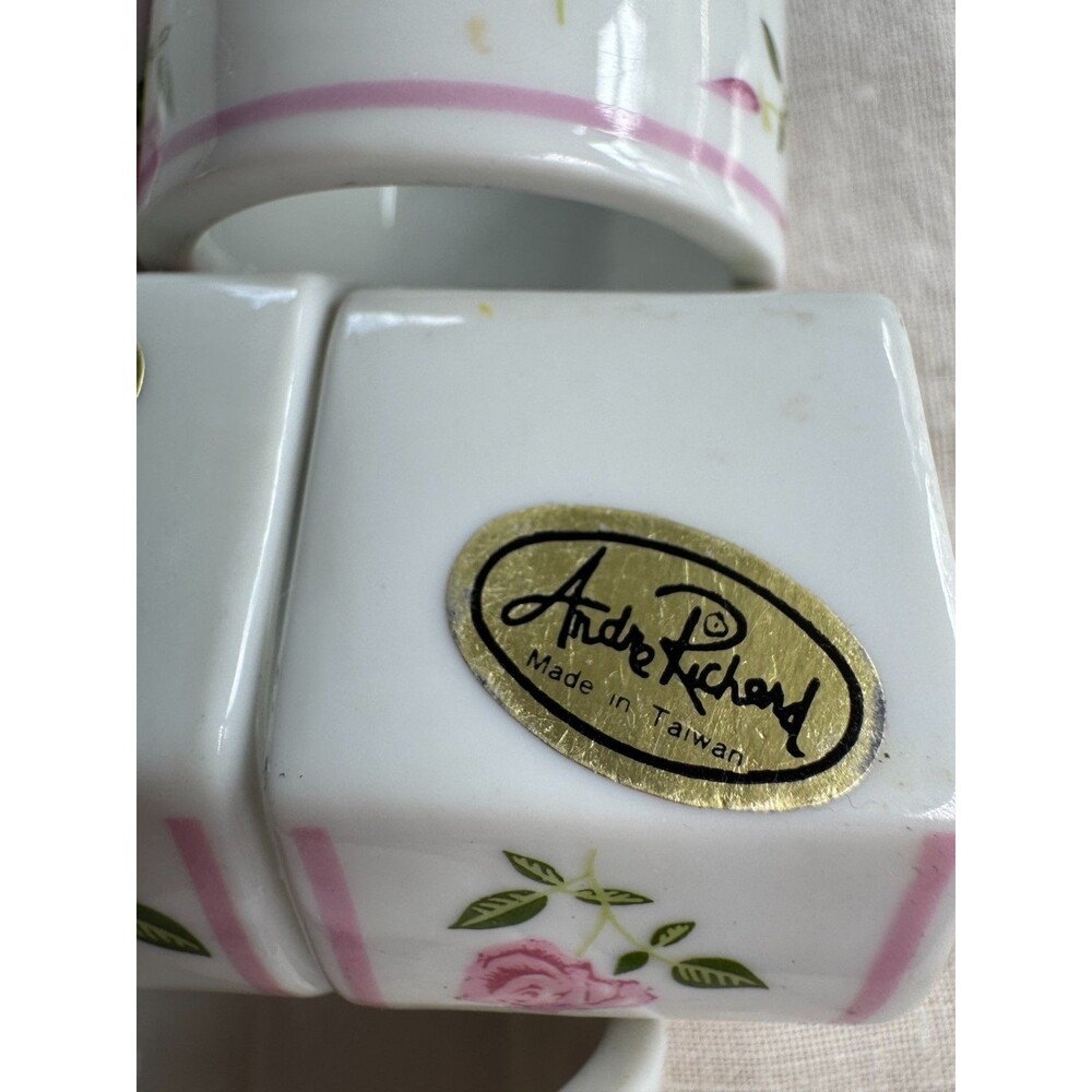 9 Porcelain Rose Napkin Rings Green / Pink, Andre Richard, Grandma Cottage Core - Picture 3 of 16
